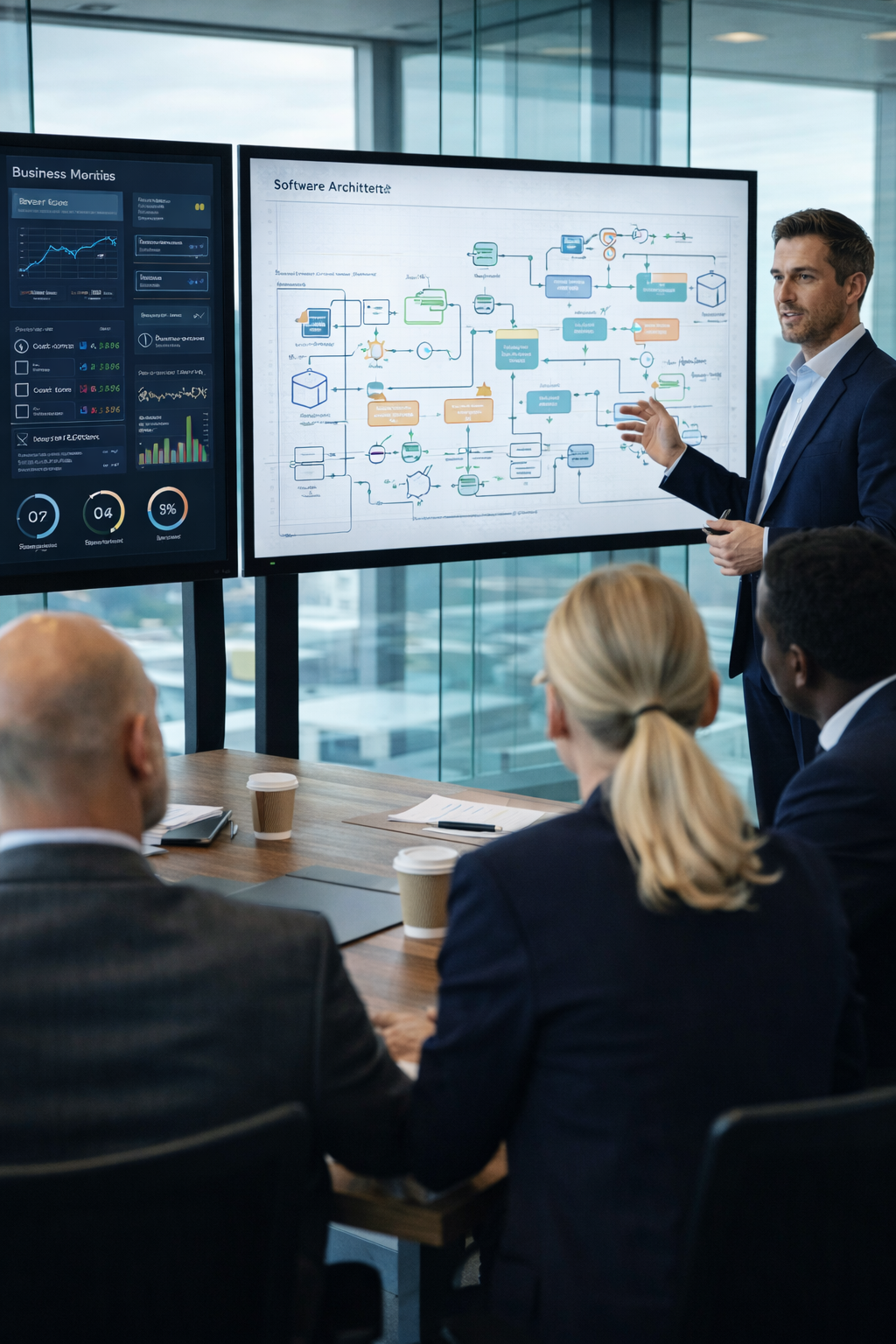 S mid-market B2B executives reviewing business metrics aligned with software architecture